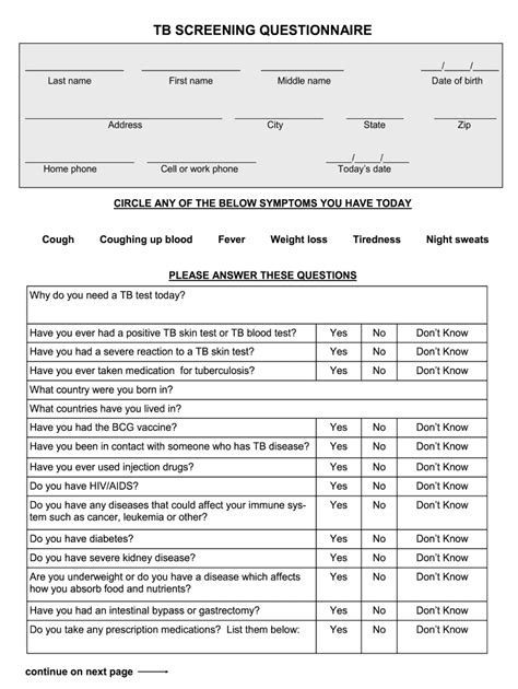 Printable Tb Questionnaire